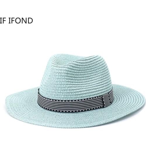 Summer Color Wide Side Straw Hats For Womens Casual Beach Panama Sun Hat Classic Jazz Fedora Cap With Ribbon Band Belt