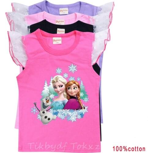 Disney Girl Summer Princess T-Shirt Elsa Childen Cotton Tees Lace T Shirt 3D Frozen Kid Birthday Top Clothing Shirt