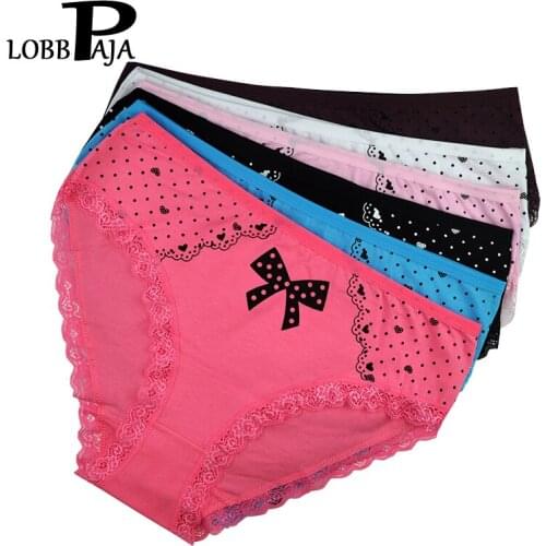 LOBBPAJA 6PCS/LOT Womens Underwear Panties Cotton Mid Rise Cute Bow Lace Sexy Briefs Plus Size Ladies Knickers for Women 360