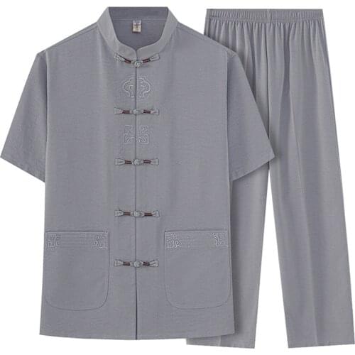 Men Classic Vintage Embroidery Tang Suit Casual Short Sleeve Tops Trousers Taichi Uniform Summer Male Hanfu Shirts Pants 3XL