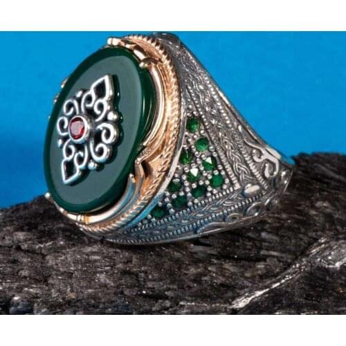 Round Green Zircon Stone Silver Ring Vintage Men Silver Ring Made In Turkey Solid 925 Sterling Silver