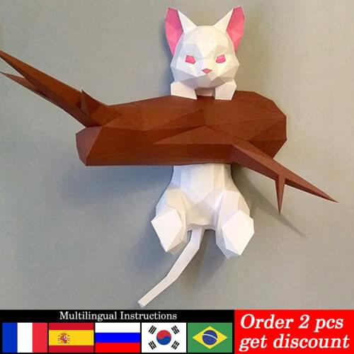 Cat on The Tree Animal Wall Decor Home Art Decoration Paper Model,Low Poly 3D Papercraft,Handmade DIY Adult Craft Toy RTY214