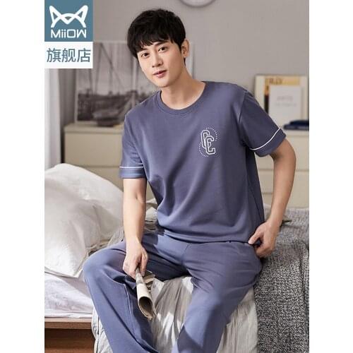 Pure cotton pajamas men 2021 new round collar summer loose size can be worn over the cotton home service suit
