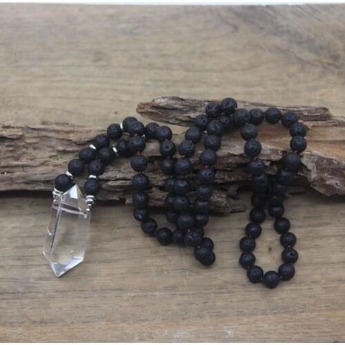 Natural Crystal Double Point Pendants Yoga Necklace 8mm Black Lava Stone Round Beads Knotted Handmade Mala Women Jewelry,QC0118