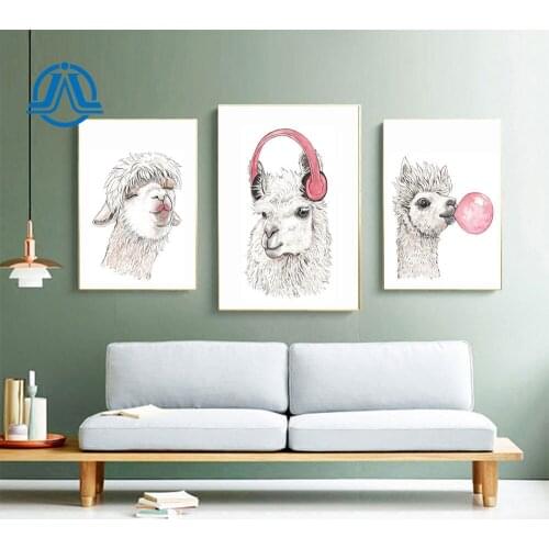 Animal Poster Sheep Blowing Bubbles Canvas Painting Nordic Style Sheep With Headphones Wall Art Print For Living Room Decoration