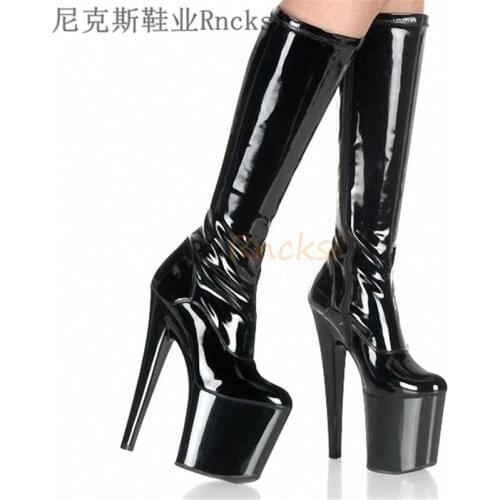 Super High Heels, Stiletto Platform, Knee Web Celebrity Boots, Sky-high Thin Patent-leather Boots Heel and Waterproof for Women