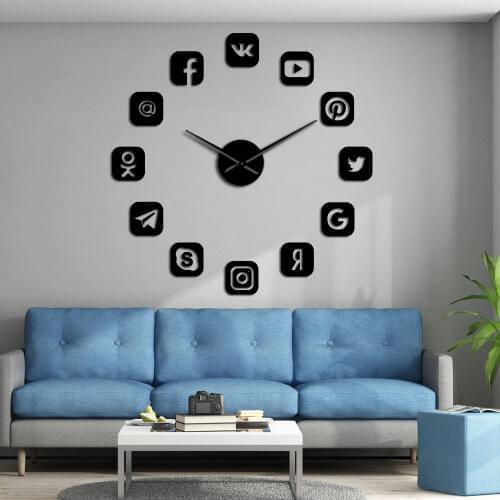 Social Media Symbols DIY Wall Art Giant Wall Clock Office College Dorm Decor 3D Frameless Icons Wall Clock Gifts for Teenagers
