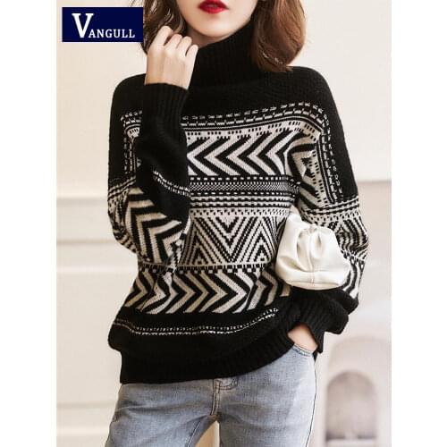 Vangull Simplicity Style Striped Sweater Women Autumn New Knitted Turtleneck Loose Pullover Sweater Long Sleeve Oversize Jumpers