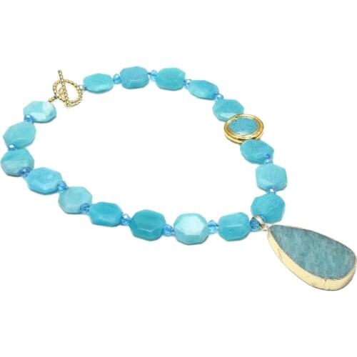 GuaiGuai Jewelry 18" Natural Green Amazonite Turquoises Chunky Faceted Slice Chocker Necklace Gold Plated Pendant For Women