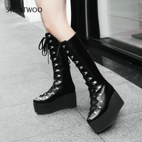 Print Wedge Platform Shoes Women Boots Lolita Punk Motorcycle Boots High Heels