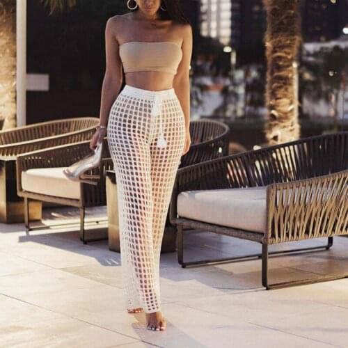 Women Elastic Waist Trousers Knit Hollow Wear Casual Long Pants Club Out Beach