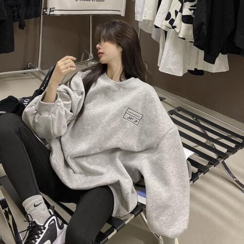 Hoodies Women Oversized Ulzzang Printed Harajuku Gray College Sweatshirts All-match Daily Female Clothing Simple Leisure O-Neck