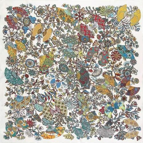 130*130cm Lake Blue Twill Silk Scarf Women Fashion Floral Fan Printed Hijab Female Beach Shawl&Wrap Large Foulard Square Scarves