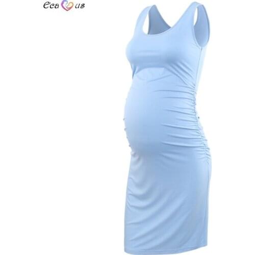 Womens Maternity Sleeveless Dresses Maternity Tank Tops Side Ruched Knee Length Dress Mama Baby Shower Pregnancy Clothes Dress