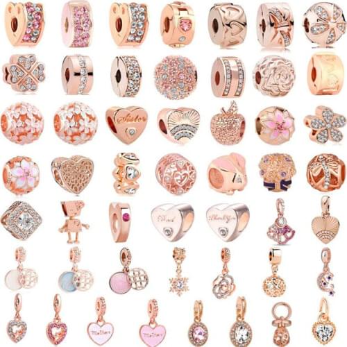 Free shipping 50pcs/lot( each design for one) pink rose gold european mixed diy bead&clip fit women pandora charms bracelet M003