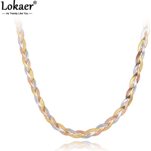 Lokaer Titanium Stainless Steel Three Gold Color Necklaces Jewelry Fashion Bohemia Weave Snake Chain Necklace For Women N20284