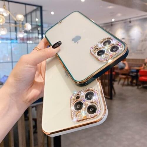 Plating Transparent 3D Diamond Case For iPhone 12 Pro Max 11 XR X XS Max 7 8 Plus SE Glitter Crystal Camera Lens Protector Cover