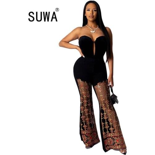 Black long pants 2020 summer evening party club sexy long pants high waisted wide leg pants one piece overalls