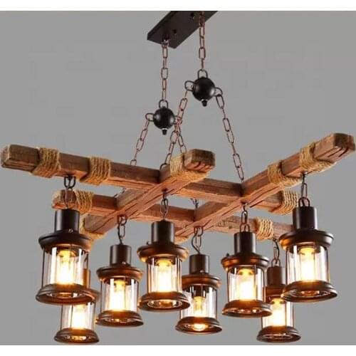 Retro Wood Pendant Lights 8 Head Vintage Industrial Cafe Clothing Store Loft Glass Iron Suspension Lamp Wooden Droplight