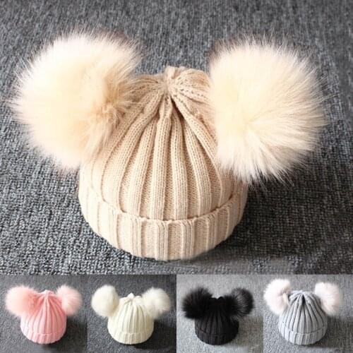 Children Winter Infant Hemming Hat Beanie With Two Double Knitting Wool Hat Beanie For Cute Fur Ball Cap L1127