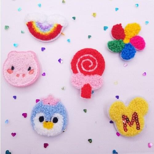 6Pcs/Lot Cartoon Knitted Towel Embroidered Diy Small Animal Rainbow Jewelry Cloth Paste Childrens Hair Accessories
