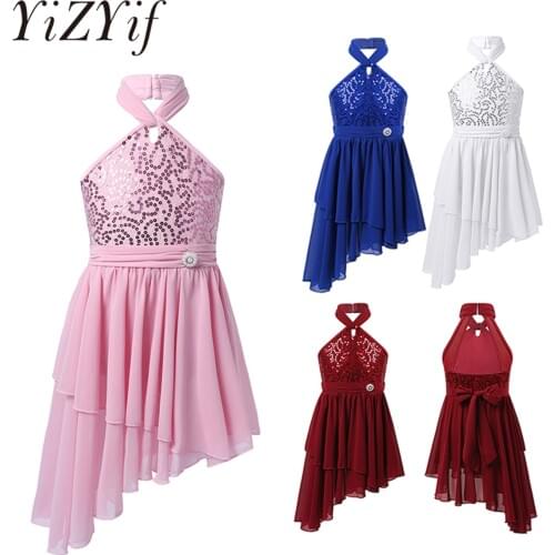 Girls Kids Irregular Figure Skating Dress Sequins Latin Dance Dress Suits Children Skirt Ballroom Modern Jazz Dance Costumes