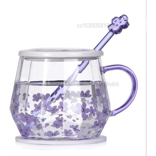Purple Diamond Cup Blue Star Flower High Borosilicate Heat-resistant Glass Coffee Stirring Cup Glass Water Cup Lid Printing Cups