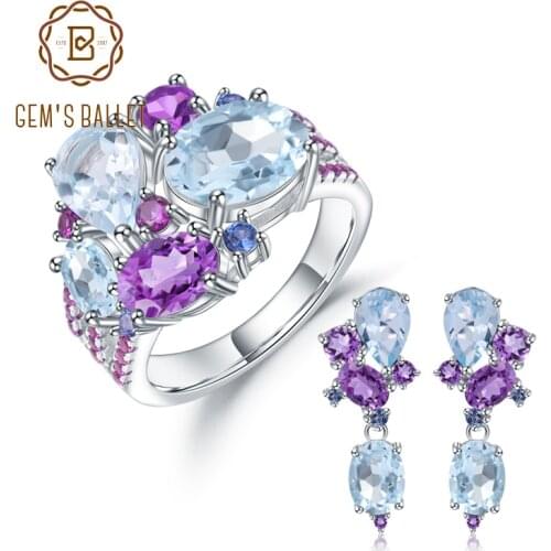 GEMS BALLE Luxury Natural Topaz Amethyst Ring Earrings 925 Sterling Silver Colorful Candy Jewelry Set For Women Fine Jewelry