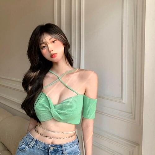 Ins Sexy Club Low-cut T Shirts Halter Womens Clothing Off Shoulder Slash Neck Tees Summer Female Green Backless Crop Top New