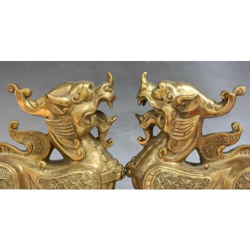 China Bronze Gold fengshui Dragon pixiu brave troops Lion head coin statue pair