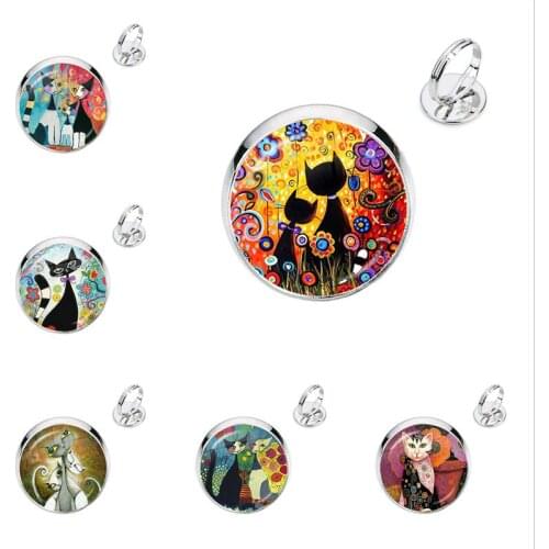 Colorful Family of Cats Girl Ring Fine Line Silver-plated Adjustable Rings 16mm Glass Cabochon Jewelry For Women Gift