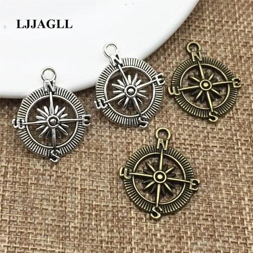 LJJAGLL Zinc Alloy Jewelry Findings 10pcs/lot Vintage Ancient Compass Charms Silver Plated Pendant 25*30mm Charm Diy ACD028