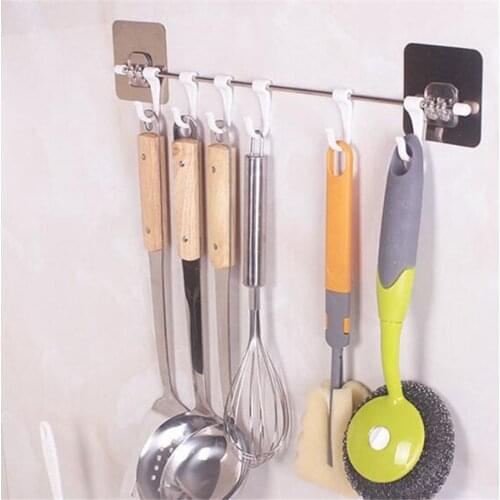 Multi-purpose Rustproof Stainless Steel Rail With 6 Plastic Hooks Bathroom Kitchen Sticker Hanger For Storage Towel Kitchenware