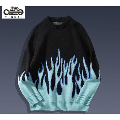 Autumn and winter new national tide lazy wind loose sweater blue flame sweater mens European and American knitted sweater tide