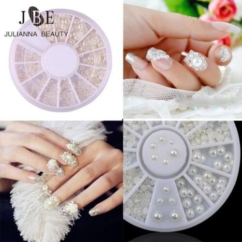 1 Box New Wheels 3D Nail Art Pearl 4 Size 2mm/3mm/4mm/5mm Clear Ceramic White Pearl Nail Tips Decorations Nail Art Rhinestones