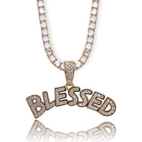 Bubble Letters BLESSED Pendant Necklace Men Women Hip Hop Gold Silver Color Iced Out Cubic Zirconia Jewelry Necklace Gifts New