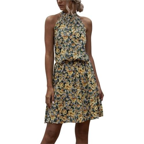 Summer Elegant Beach Women Dress Sexy Halter Print Flowers Strap Dress Ladies Boho Tank Dress Vintage party Mini Dress Vestidos