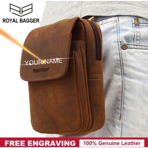Royal Bagger Waist Pack for Men Genuine Cow Leather Cowhide Purse Crazy Horse Phone Pocket Bag Retro Outdoor Small Belt Wallet