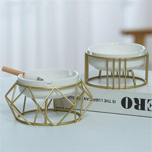 Nordic Modern Ashtray Creative Ceramics Ash Tray with Metal Octagon Holder Set Living Room Ashtray Ornament Home Tabletop Decor