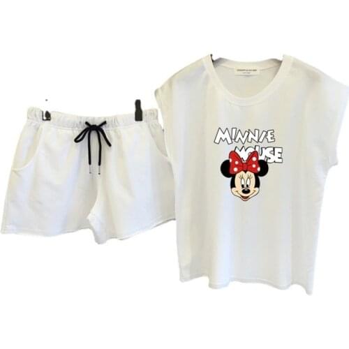 Disney Mickey Minnie Mouse Summer Suit Casual Cartoon Printing Korean Sweet Sports T-shirt+shorts Set Women Home Clothing Pijama