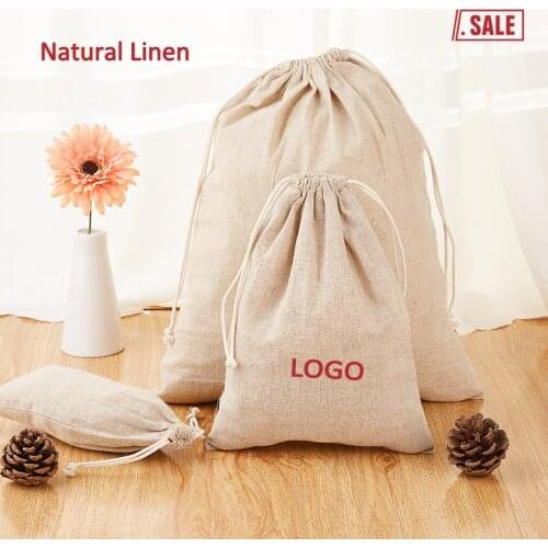 Natural Linen Drawstring Bag Jewelry Pouch Cosmetic/Storage/Wedding/Packing/Gift/Earrings/Bead Sack Pocket Custom Logo Print 50p