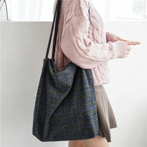 Autumn & Winter Women Woolen Canvas Shoulder Bag Ladies Vintage Plaid Handbag Totes Female Cotton Wool Cloth Shopping Bags