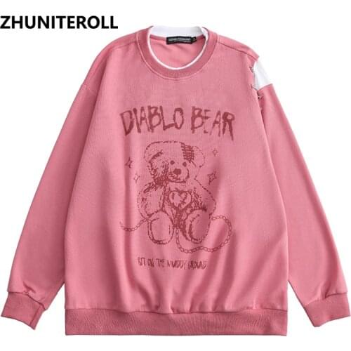 Hip Hop Sweatshirt Block Chain Pullover 2021 Men Streetwear Harajuku Cartoon Bear Print Washed Sweatshirt Cotton Loose Pullover