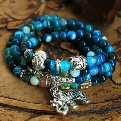 Tibetan Silver multi-layer 108 Buddha beads hand strings national wind jewelry agate bracelet female fashion Korean