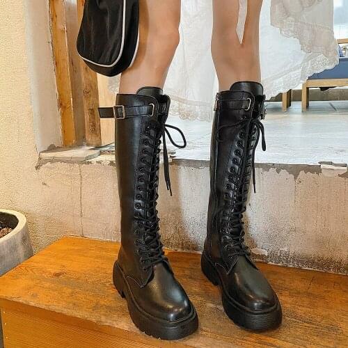 TUOLU 2020 Winter Women Knight Boots Motorcycle Net Retro College British Style Bottom Thick Heel Fashion