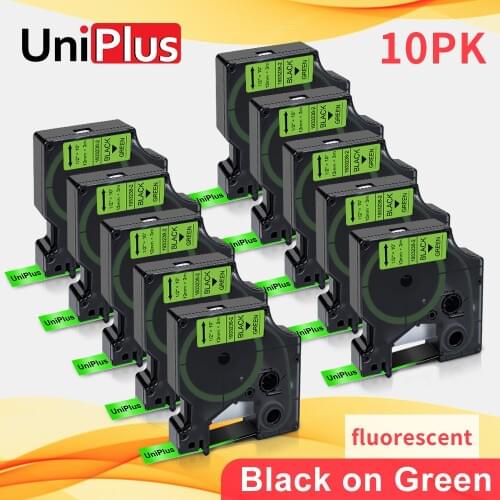 UniPlus 10PK Black on Fluorescent Green Label Tape Compatible Dymo D1 Tape 12mm*3m for Dymo Label Printer Typewriter LW400 450