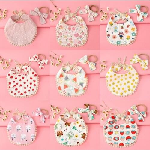 W8EF 2 Pcs/Set Baby Feeding Drool Bib Floral Headband Set Lace-up Tassel Saliva Towel Soft Cotton Triangle Bandana Burp Cloth