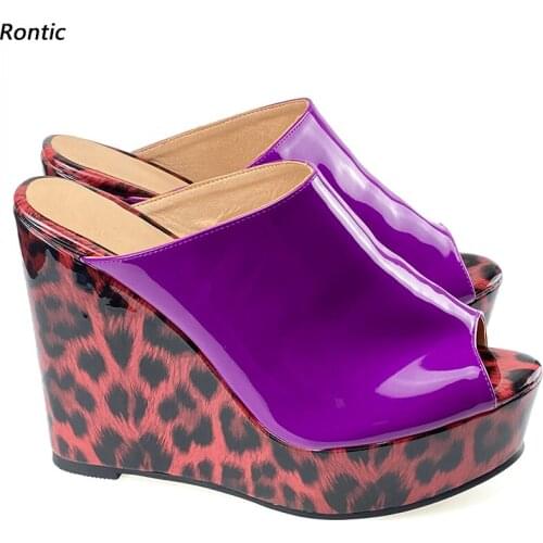 Rontic New Arrival Women Mules Sandals Leopard Patent Leather Wedges Heels Open Toe Purple Red Blue Party Shoes Size 34 45 47 52