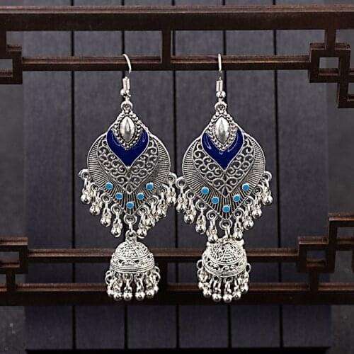 Womens Water Drop Shape Earrings Silver Color Indian Birdcage Vintage Jhumka Jhumki Blue Earrings Orecchini Etnici HXE067