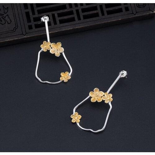 VLA 925 Sterling Silver Chinese style peach blossom Earrings womens classical creative design fan Earrings accessories